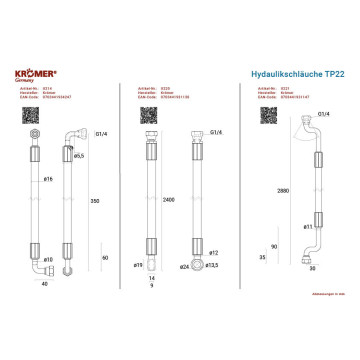 Set, mit drei Hydraulikschläuchen, für die 2-Säulenhebebühne TP22.