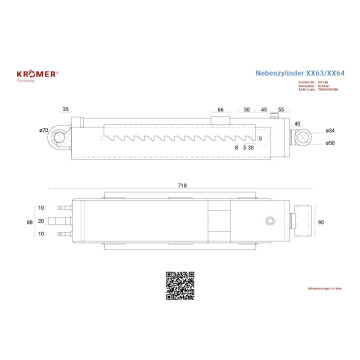 Technische Zeichnung eines Hydraulikzylinders für Doppelscherenhebebühnen mit einer Gesamtlänge von 718mm.