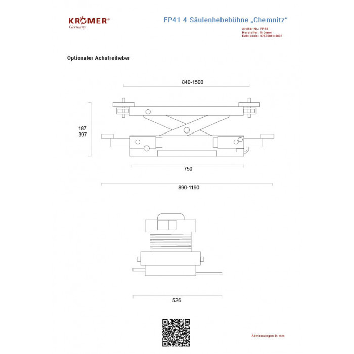 Technische Zeichnung des optionalen Achsfreihebers mit einer maximalen Hubhöhe von 397mm.