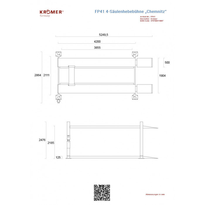 Technische Zeichnung einer 4-Säulenhebebühne mit einer maximalen Hubhöhe von 2185mm.