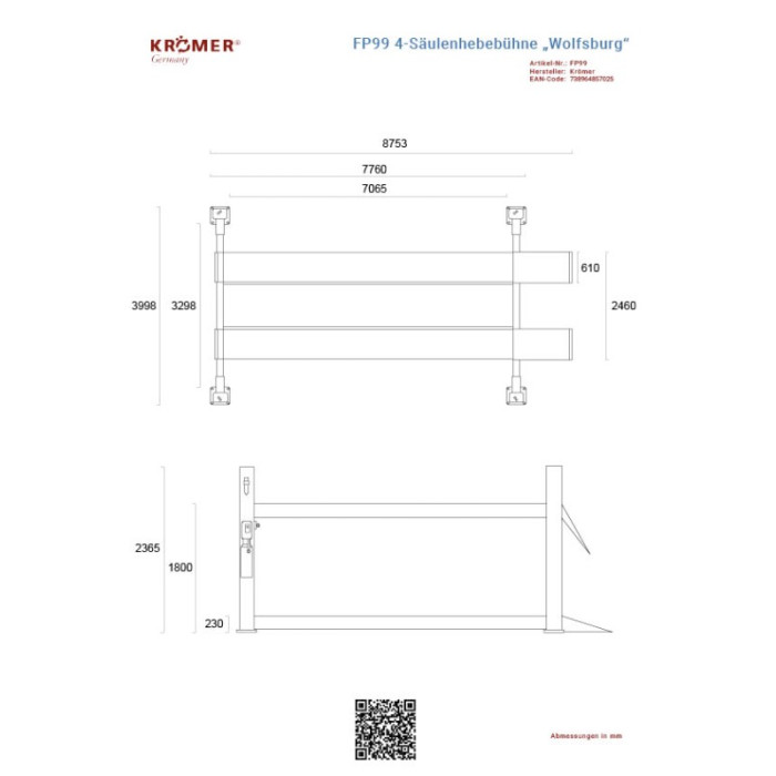 Technische Zeichnung einer 4-Säulenhebebühne mit einer Gesamtbreite von 4261mm.