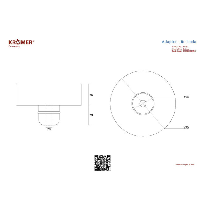 Technische Zeichnung eines Adapters für Tesla Aufnahmepunkte. Er hat einen Durchmesser von 76mm.